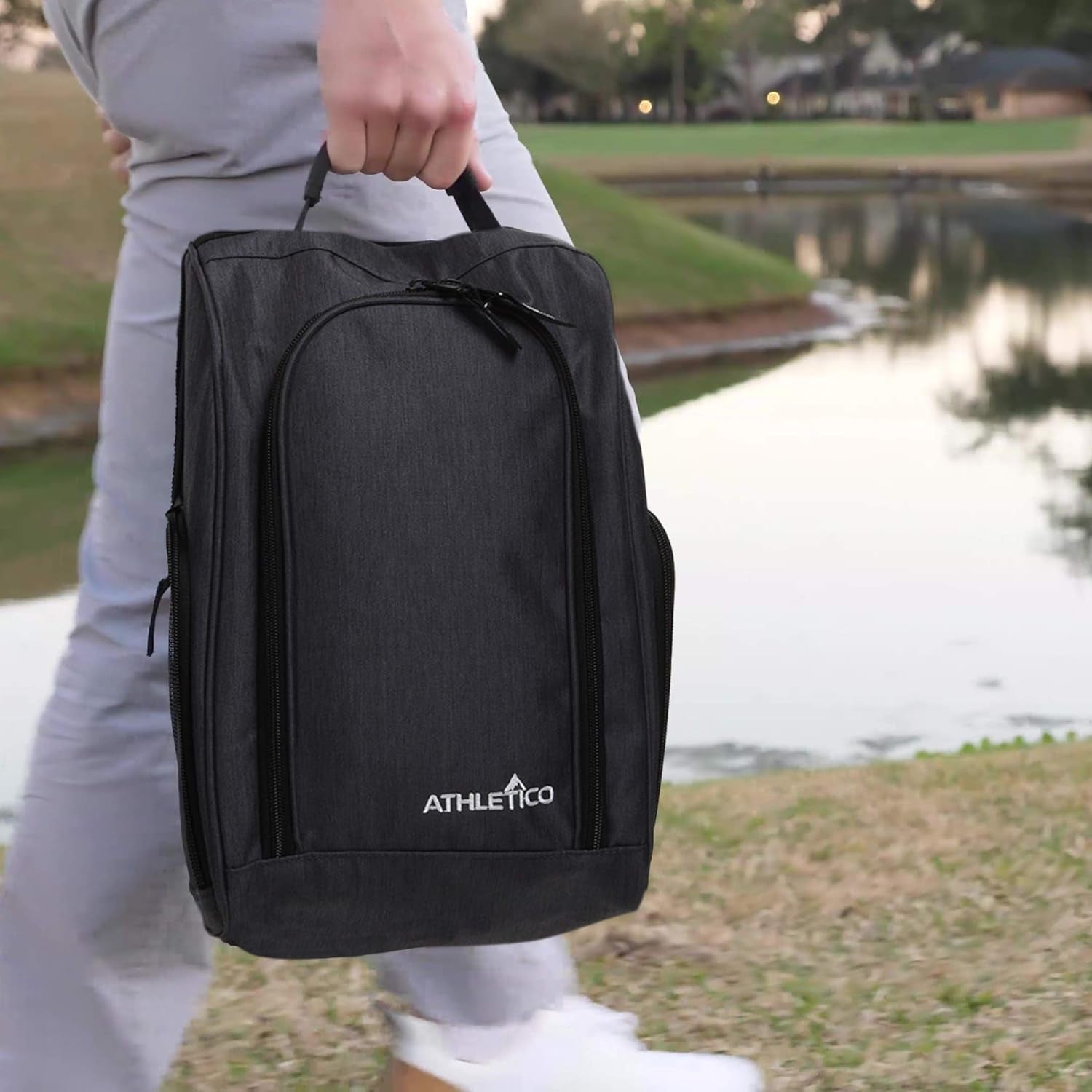 Golf Shoe Bag - Zippered Shoe Carrier Bags with Ventilation & outside Pocket for Socks, Tees, Etc. (Gray)